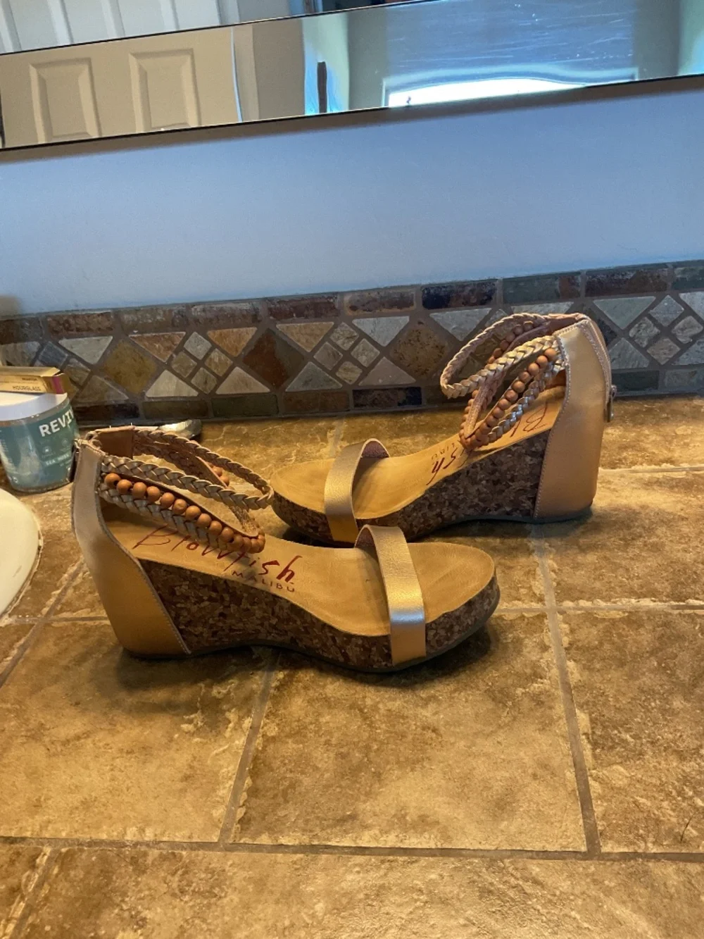 Rose gold wedge sandals with beaded ankle